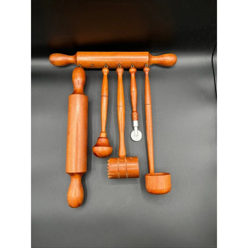 Vintage Wooden Hanging Kitchen Utensil Set Rolling Pin Meat Mallet‎ 6 Pc.